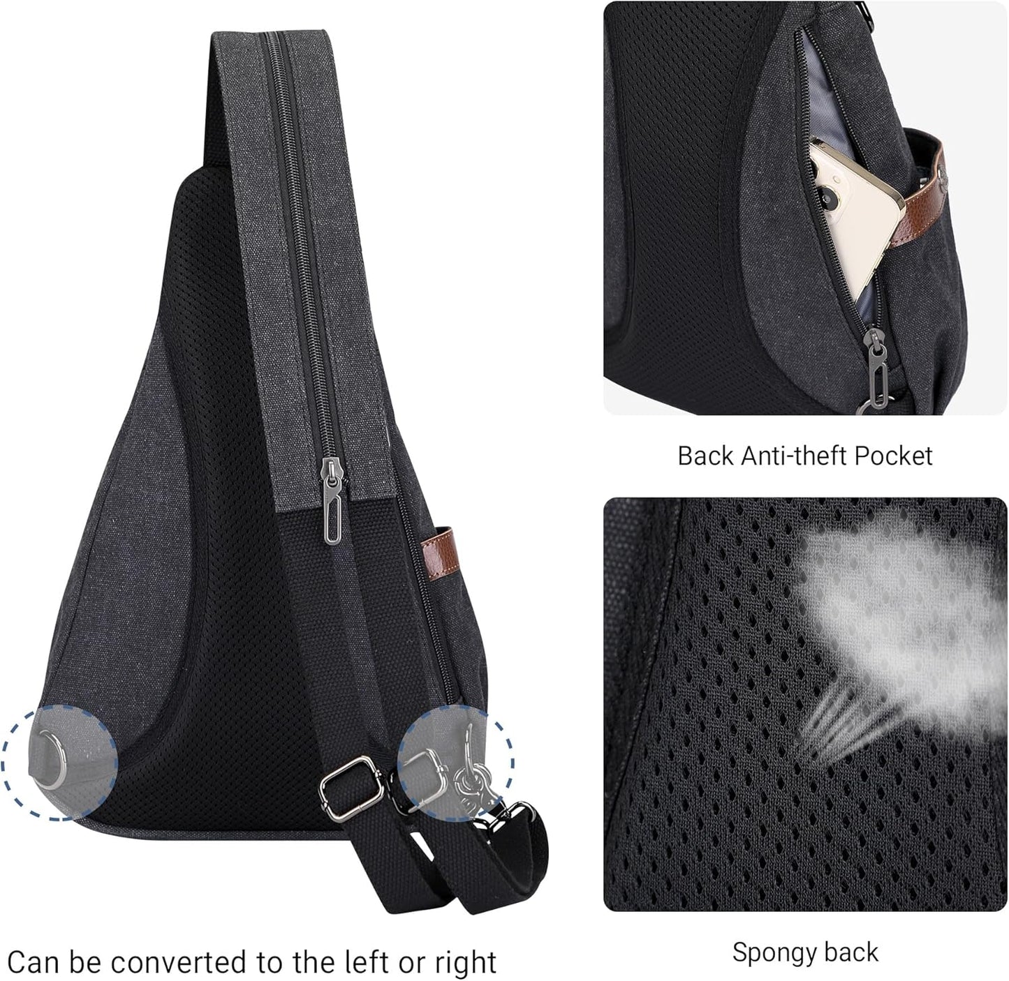 WITZMAN Canvas Sling Bag for Men Women Convertible Sling Backpack Crossbody Vintage Chest Bag Travel Casual Daypack（A8003 Classic Black）