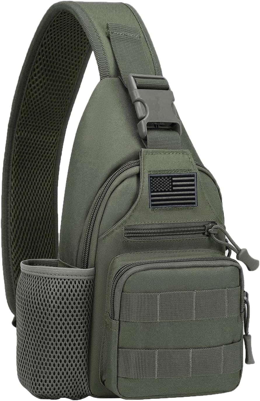 ZHIERNA Tactical Sling Crossbody Backpack with Water Bottle Holder, MOLLE EDC Shoulder Sling Chest Bags with USB Charging Port for Travel Walk(Grey Green)