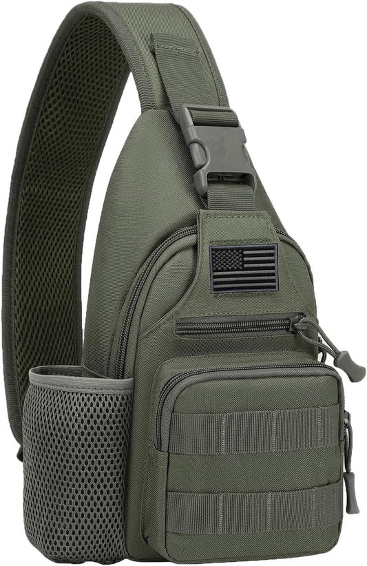 ZHIERNA Tactical Sling Crossbody Backpack with Water Bottle Holder, MOLLE EDC Shoulder Sling Chest Bags with USB Charging Port for Travel Walk(Grey Green)