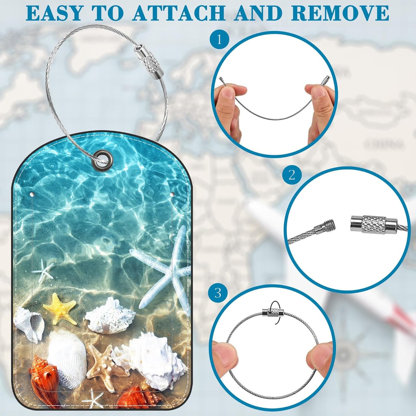 2 PCS Leather Luggage Tags for Suitcase Starfish Coral Seashell on The Beach Travel Luggage Tag with Privacy Flap Name ID Label and Metal Loop for Travel Bag Suitcase