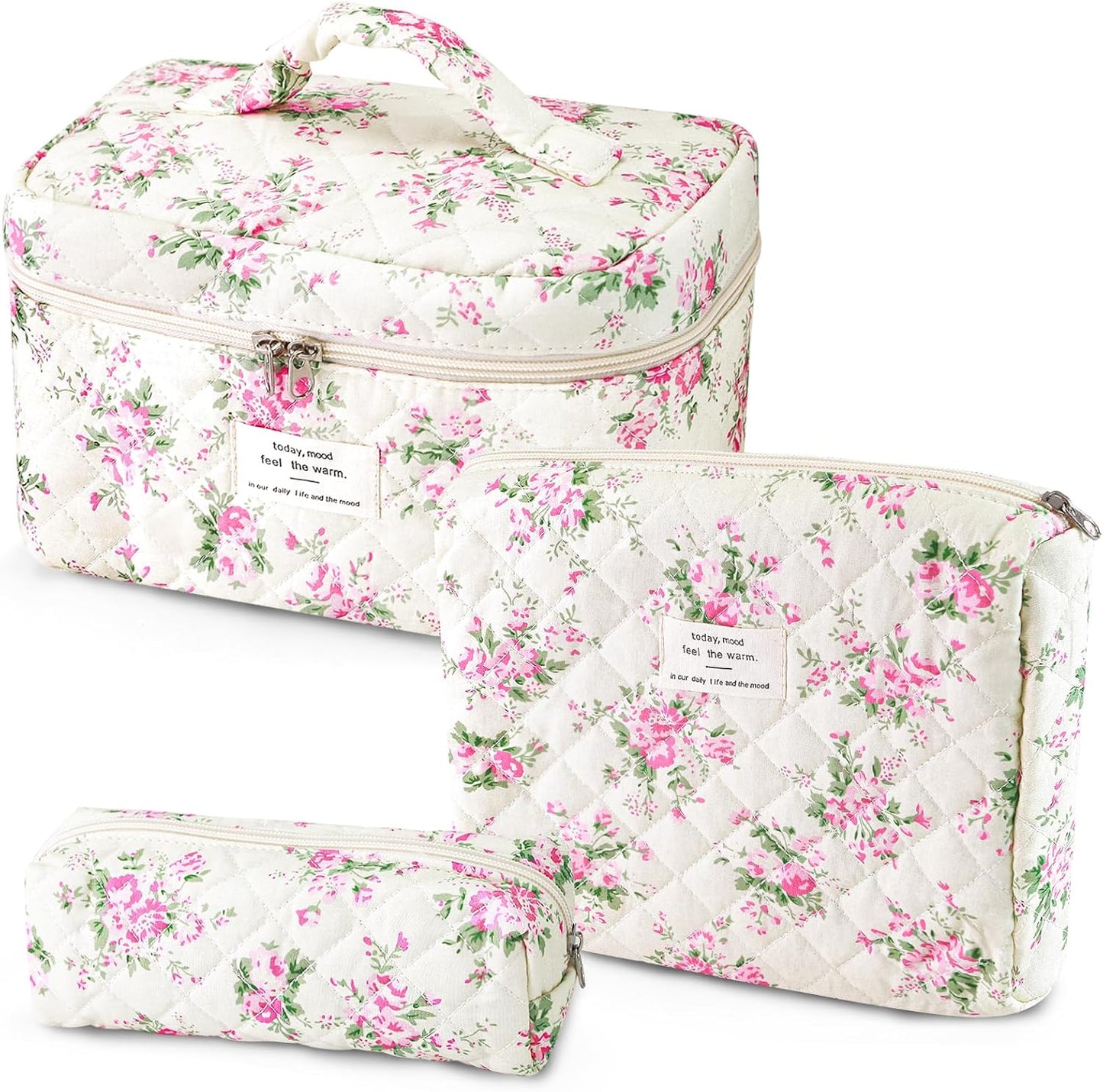 3Pcs Cotton Quilted Makeup Bag for Women Girls, Large Floral Cosmetic Bag Set Cute Makeup Brushes Aesthetic Accessories Storage Bag Pink Flower Travel Toiletry Bag Organizer