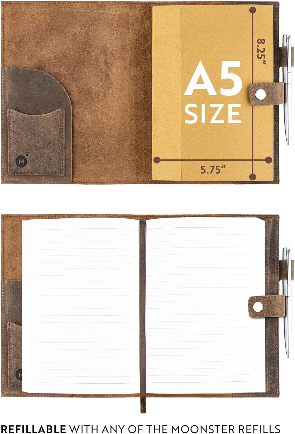 moonster Refillable Leather Journal Embossed Heart Shape Cover Design Journals with Pen – Milled A5 Leather Journal Lined Paper - Journals for Women – Vintage Journal - 320 Pages