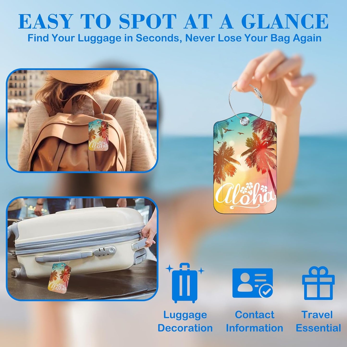 2 Pcs Luggage Tags for Suitcases, Summer Tropical Palm Leather Bag Tags for Luggage Privacy Cover Name ID Label with Stainless Steel Loop Cruise Airport Travel Essentials