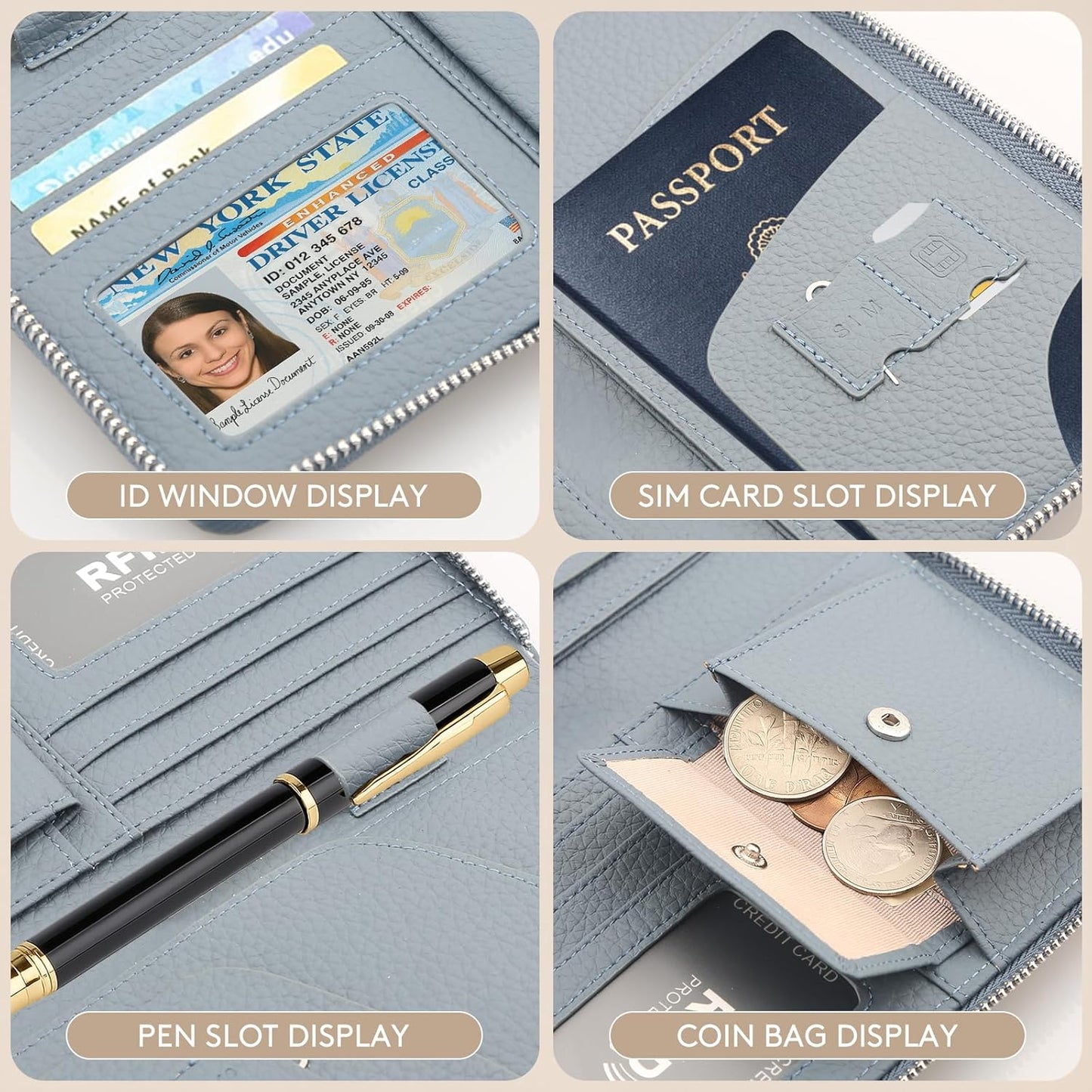 RFID Large Passport Holder for Man & Women, Leather Travel Wallet with Card Holders, Zippered Coins Pocket and CashSlot, for Secure Traveling and Documentation Organizer (Eephant Grey)