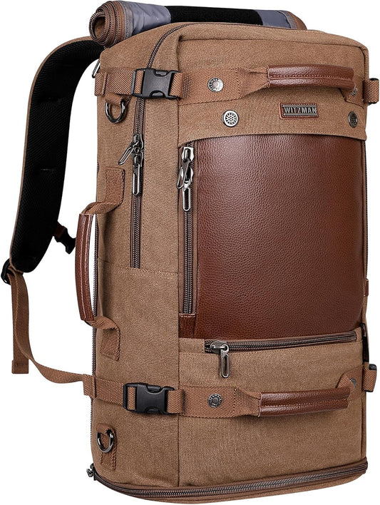 WITZMAN Travel Backpack for Men Women Carry on Luggage Backpack Canvas Rucksack Duffel bag with Shoe Compartment（A2021 big size brown）