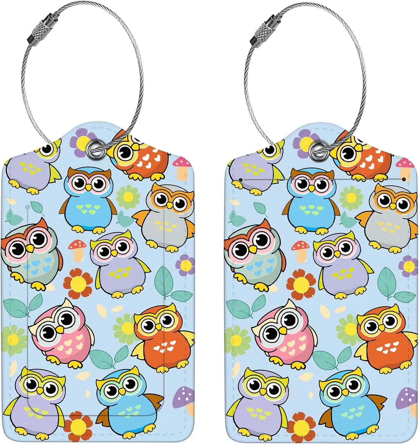 2 Pcs Luggage Tags for Suitcase, Cute Unique PU Leather Travel Bag Tag with Privacy Cover ID Label Address Card and Durable Metal Ring Suitable for Men Women Children Backpack,Owls