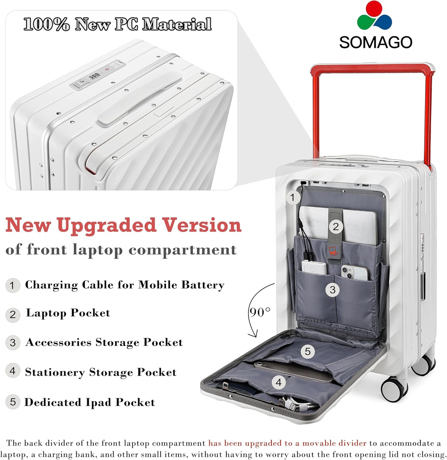 Somago Carry On Luggage Wide Handle 20 Inch Suitcase with Front Compartment Aluminum Framed PC Hardside 22x14x9 No Zipper Business Baggage with Spinner Wheels USB Charging Port TSA Lock (White)