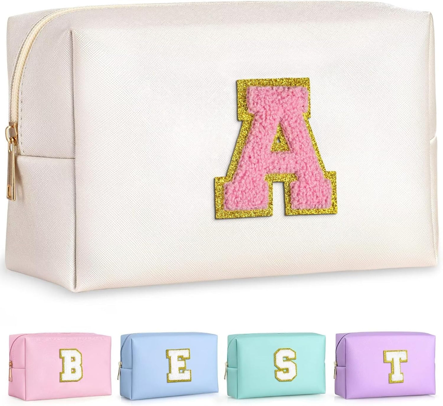 TOPEAST Makeup Bag for Women Teen Girls - Birthday Gifts for 7 8 9 10 11 12 Year Old Girls, Cosmetic Bag Initial Toiletry Pouch (White A)