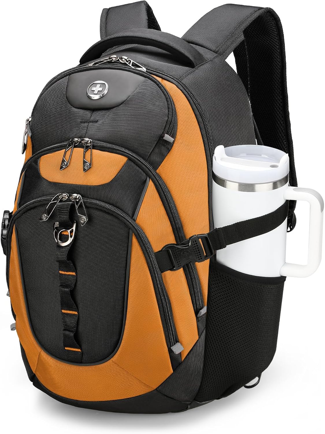 Swissdigital Design Laptop Backpack with USB Charging Port, Travel Backpack Fits 15.6 inches Computer, 31L College School Backpack for Men, Orange/Black | SD803