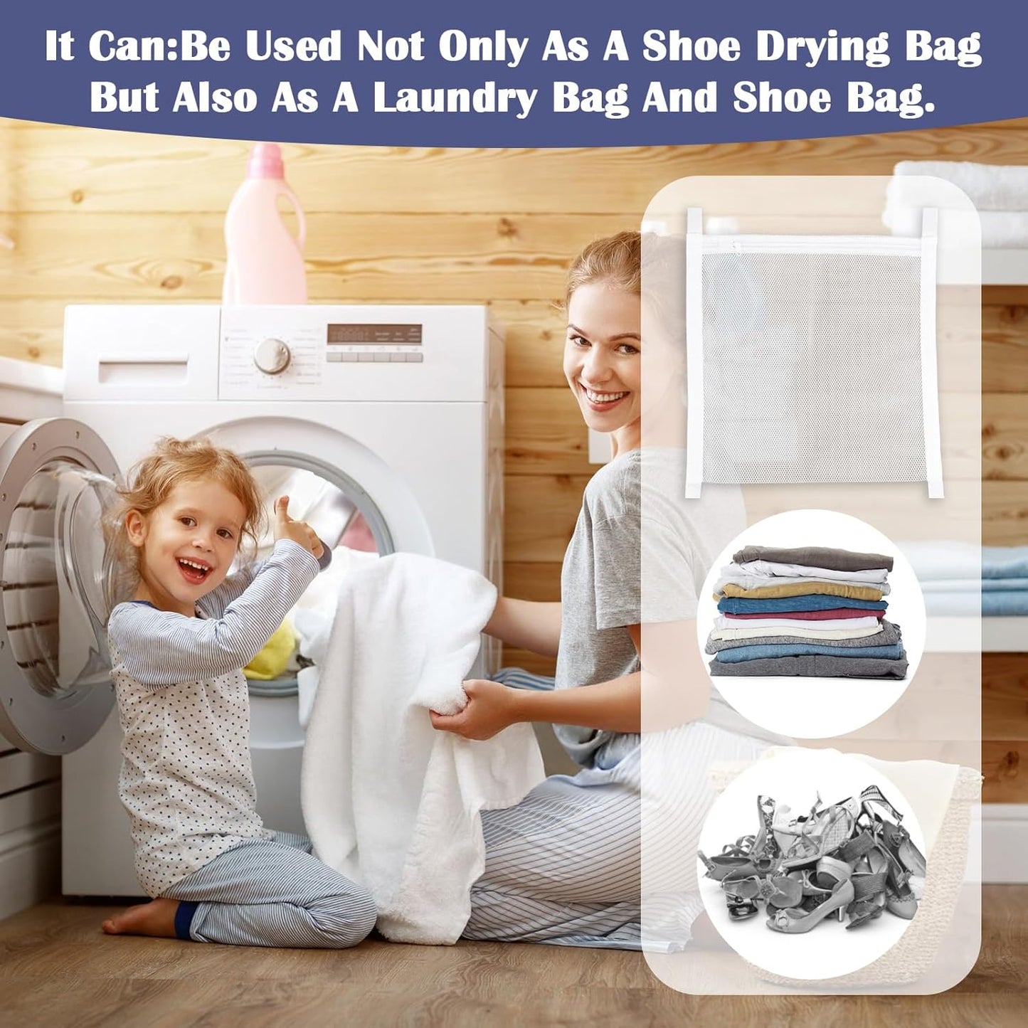 2PCS Sneaker Dryer Bag,45.67 X 15.55 In Shoe Bag for Dryer, Reusable Dryers Shoe Bags, Lightweight and Durable, with Zipper and Belt, for Washing Machine, Shoes, Clothing, White