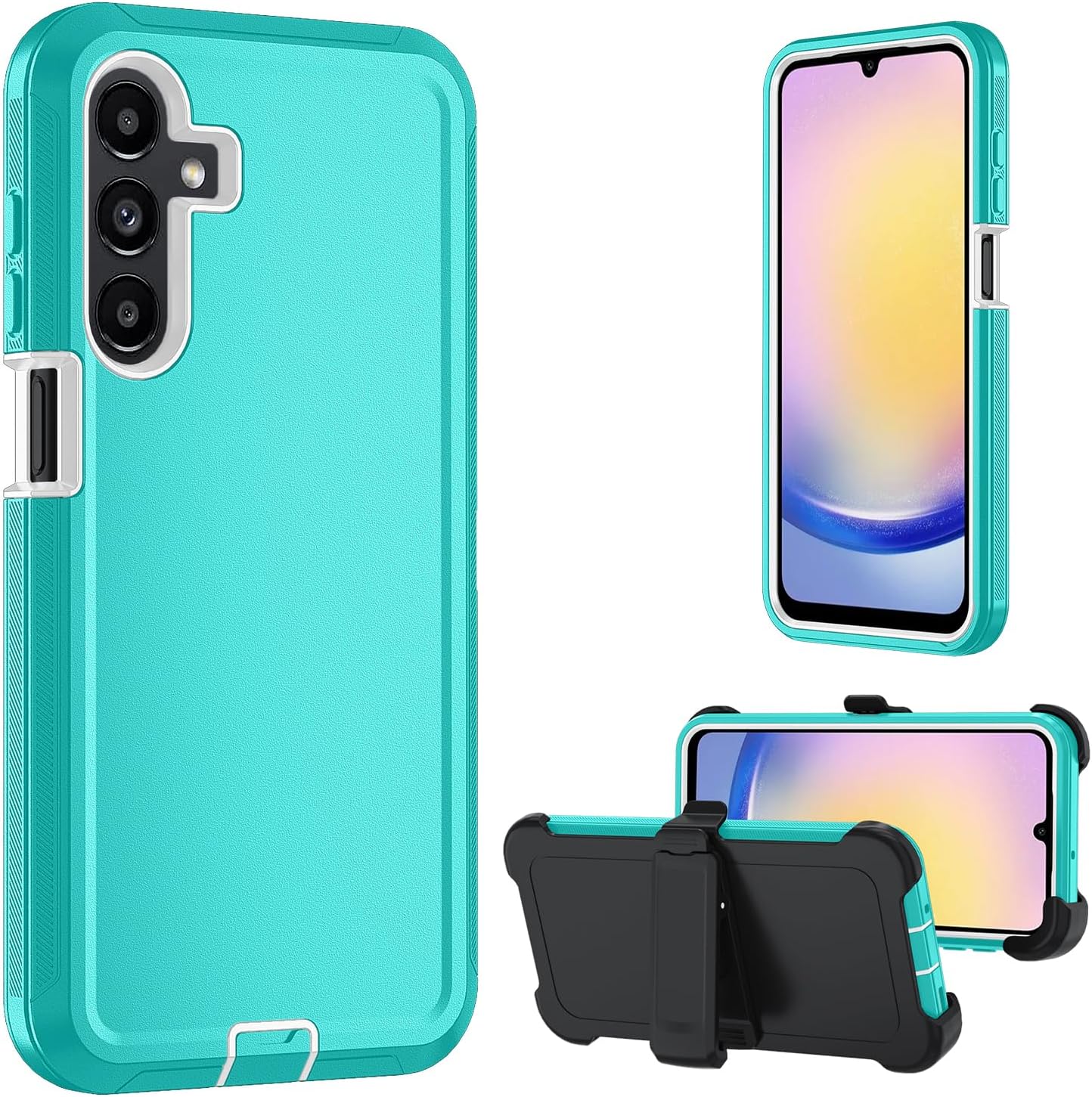 for Samsung Galaxy A17 5G case,A16 5G Heavy Duty case,with A Tempered Glass Screen Protector, [Military Grade Protective ] [Shockproof] [Dropproof] [Dust-Proof] (with Belt Clip-Teal/White)