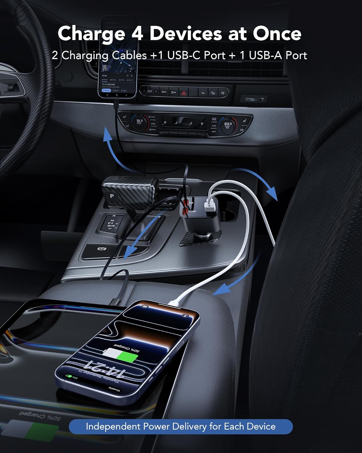 69W Retractable Car Charger, 4-in-1 Fast Car Phone Charger with 2.6ft Two Retractable Cables and USB C+USB A Car Charging Block Cube, Compatible with iPhone 15 16 17 Pro Max Plus,Galaxy,Pixel(Black)