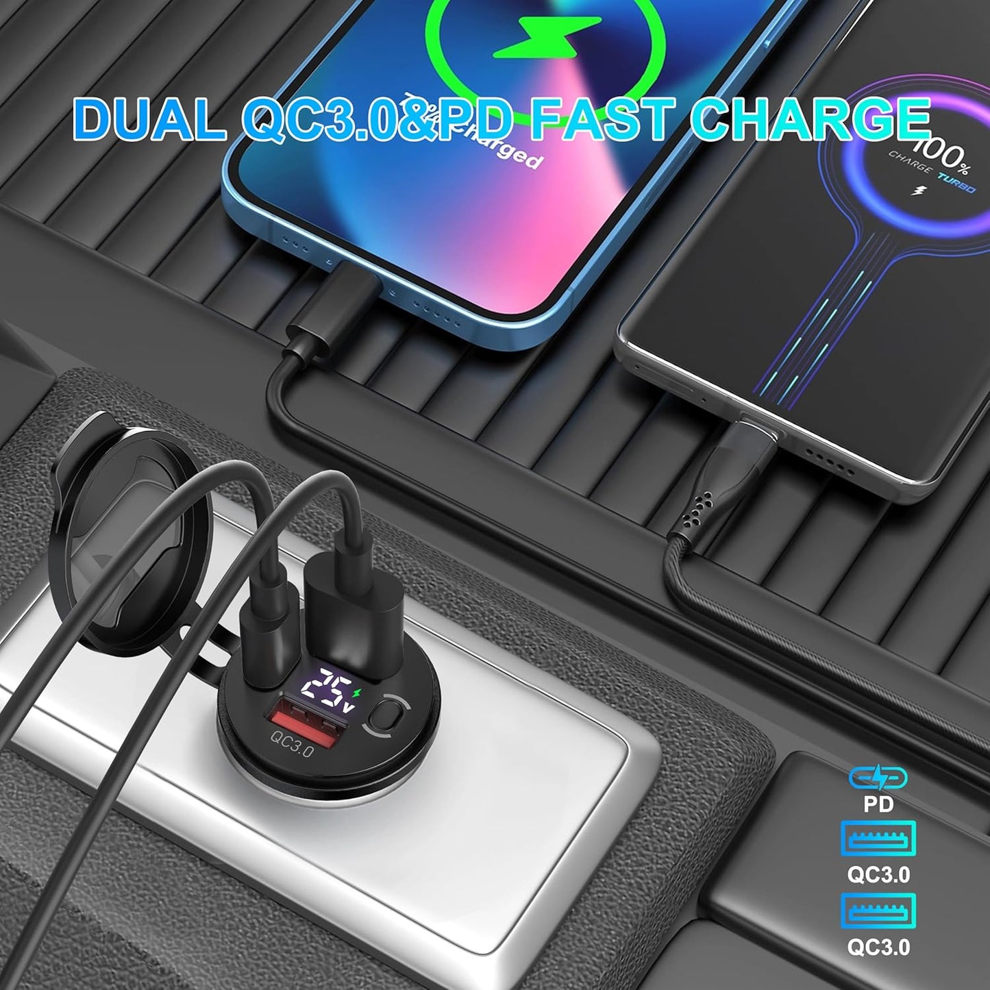 USB Outlet 3 Port Car Charger, USB C Car Charger Quick Charge, PD & QC USB Port for Car, USB C Cigarette Lighter Replacement 12V-24V Socket for Motorcycle RV Car Boat Marine Truck (2QC+PD Black)