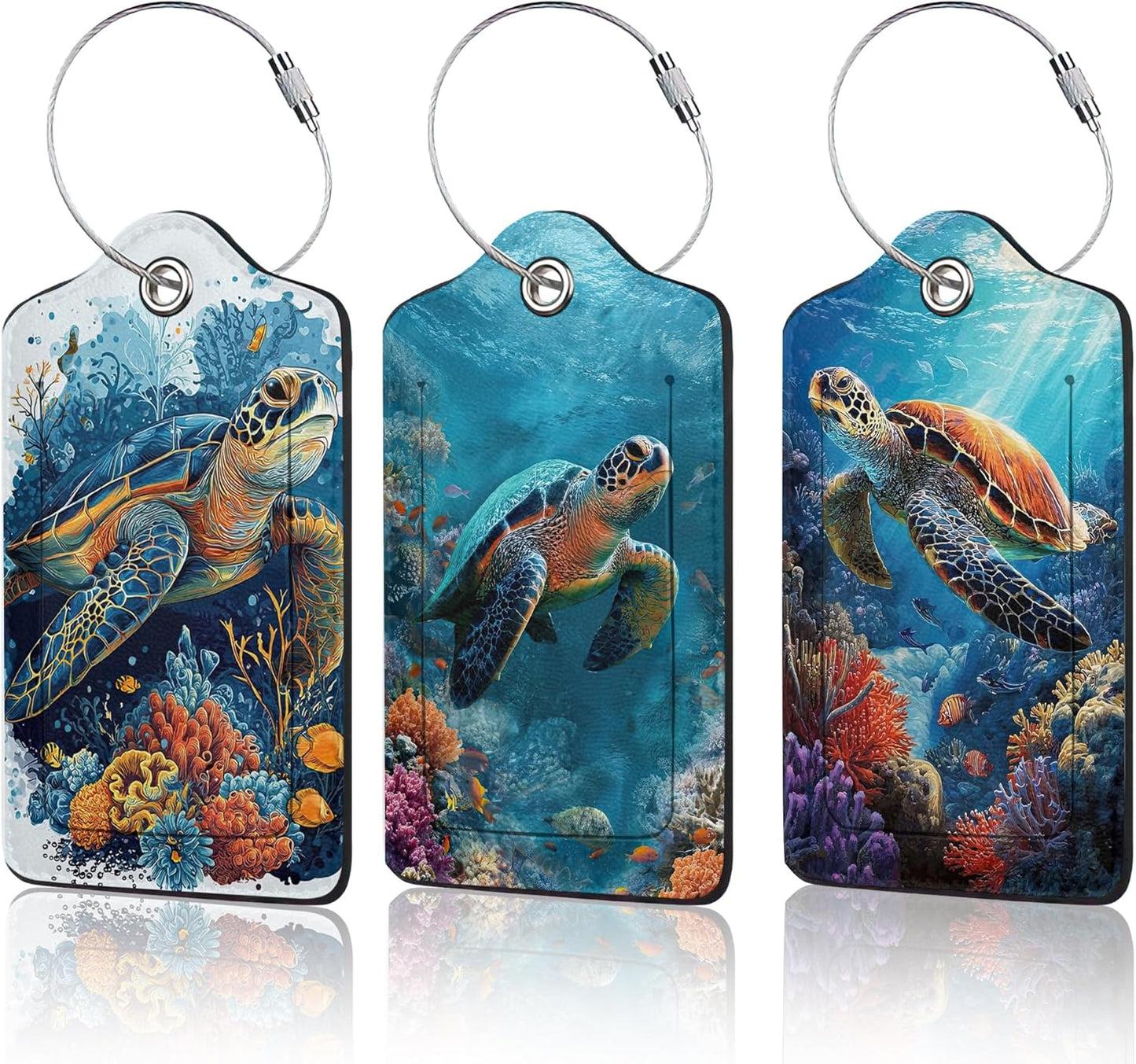 3 PCS Sea Turtle Luggage Tags,Tropical Coral Fish Suitcase Tags Privacy Cover ID Label with Stainless Steel Loop and Address Card for Travel Bag Suitcase
