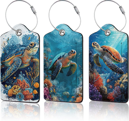3 PCS Sea Turtle Luggage Tags,Tropical Coral Fish Suitcase Tags Privacy Cover ID Label with Stainless Steel Loop and Address Card for Travel Bag Suitcase