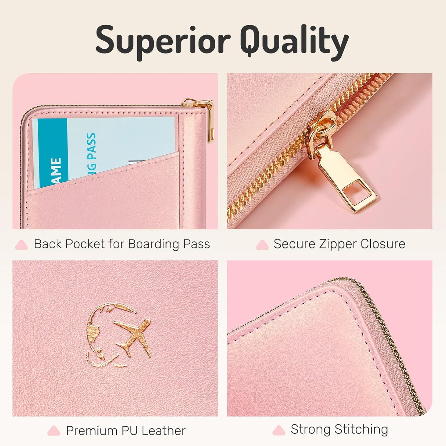 Forvencer Passport Holder Cover with Safe Zipper Closure, Premium Passport Wallet for Travel, Cute RFID Blocking Card Case, Waterproof Travel Accessories for Women, Rose Gold