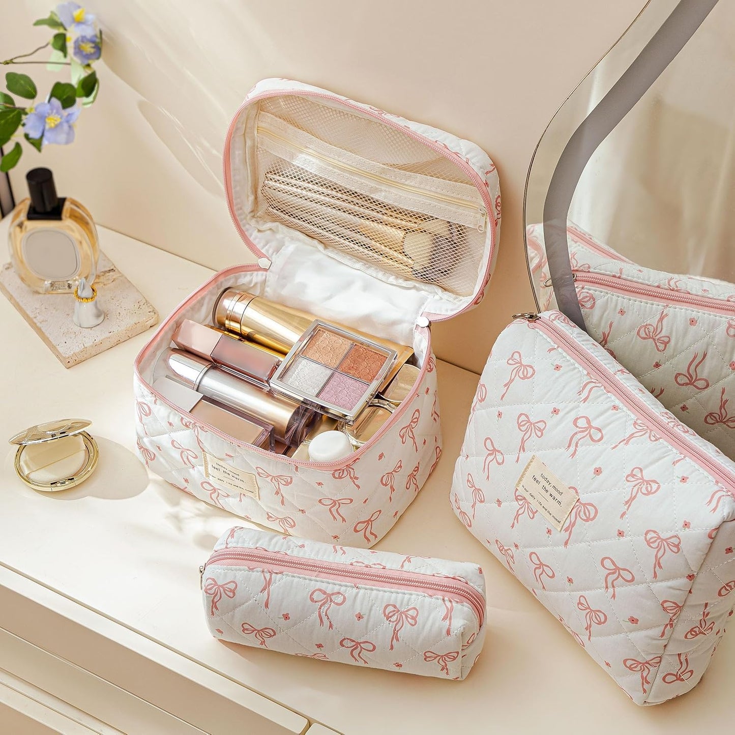 HBselect Quilted Makeup Bag, 3PCS Cotton Large Travel Makeup Bag, Cute Floral Coquette Make up Bag Cosmetic Bag Toiletry Bag for Women Girls