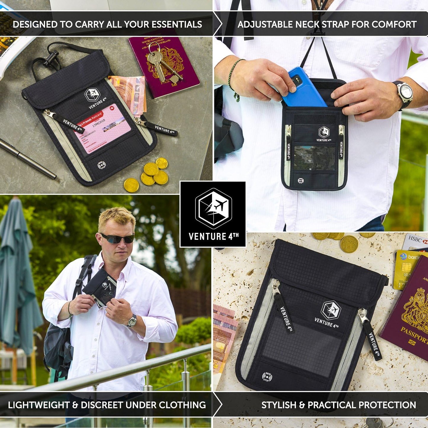 VENTURE 4TH Neck Wallet, RFID Blocking Passport Holder for Travel – Hidden Neck Pouch with 6 Compartments, Slim Lightweight Organizer with Adjustable Strap for Cash, Cards & Passport (Black)