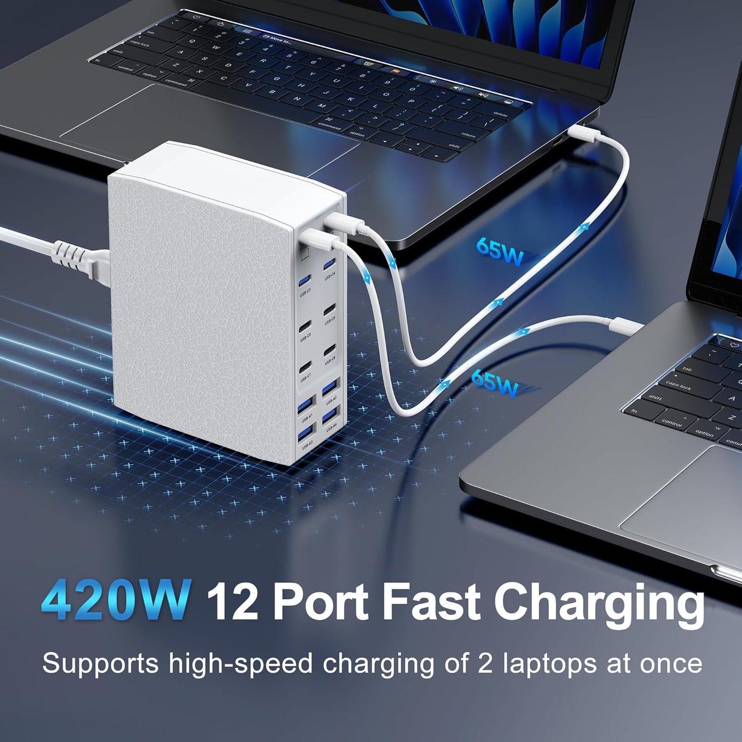420W USB C Charger Block, 12-Port USB C Charging Station for Multiple Devices, Leather Texture Dual PD 65W Laptop Fast Charger Compatible with MacBook Pro/Air, iPad, iPhone,Galaxy and More, White