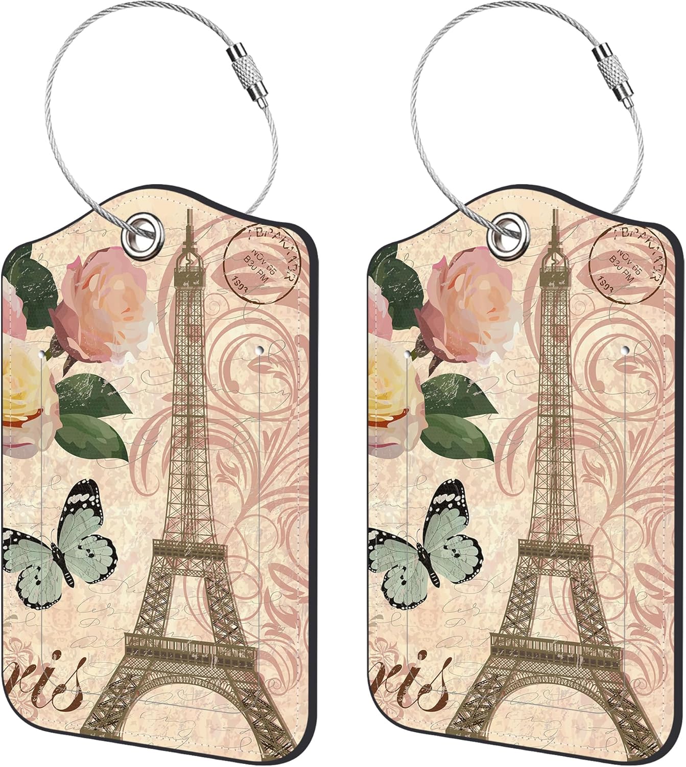 2 Pack Luggage Tags for Suitcase,Roses and Eiffel Tower PU Leather Idea Baggage Tag with Name Labels Privacy Cover Metal Ring Men and Women Travel Cruise Labels