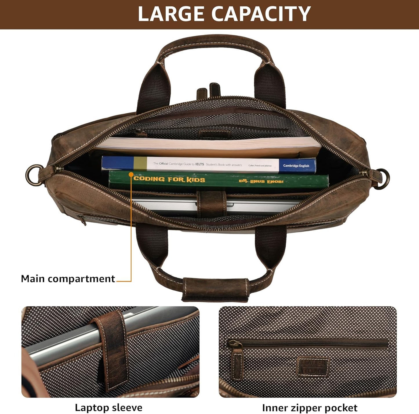 LEATHER VILLAGE 18" Leather Laptop Messenger Briefcase Bag for Men-Leather Satchel for Travel and Office Shoulder Bag-Rustic Brown