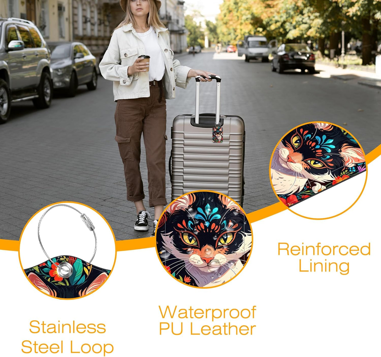 Luggage Tags for Suitcase 3 PCS Black Cat Leather Travel Luggage Tag with Stainless Steel Loop Name ID Label Privacy Cover for Women Men Travel