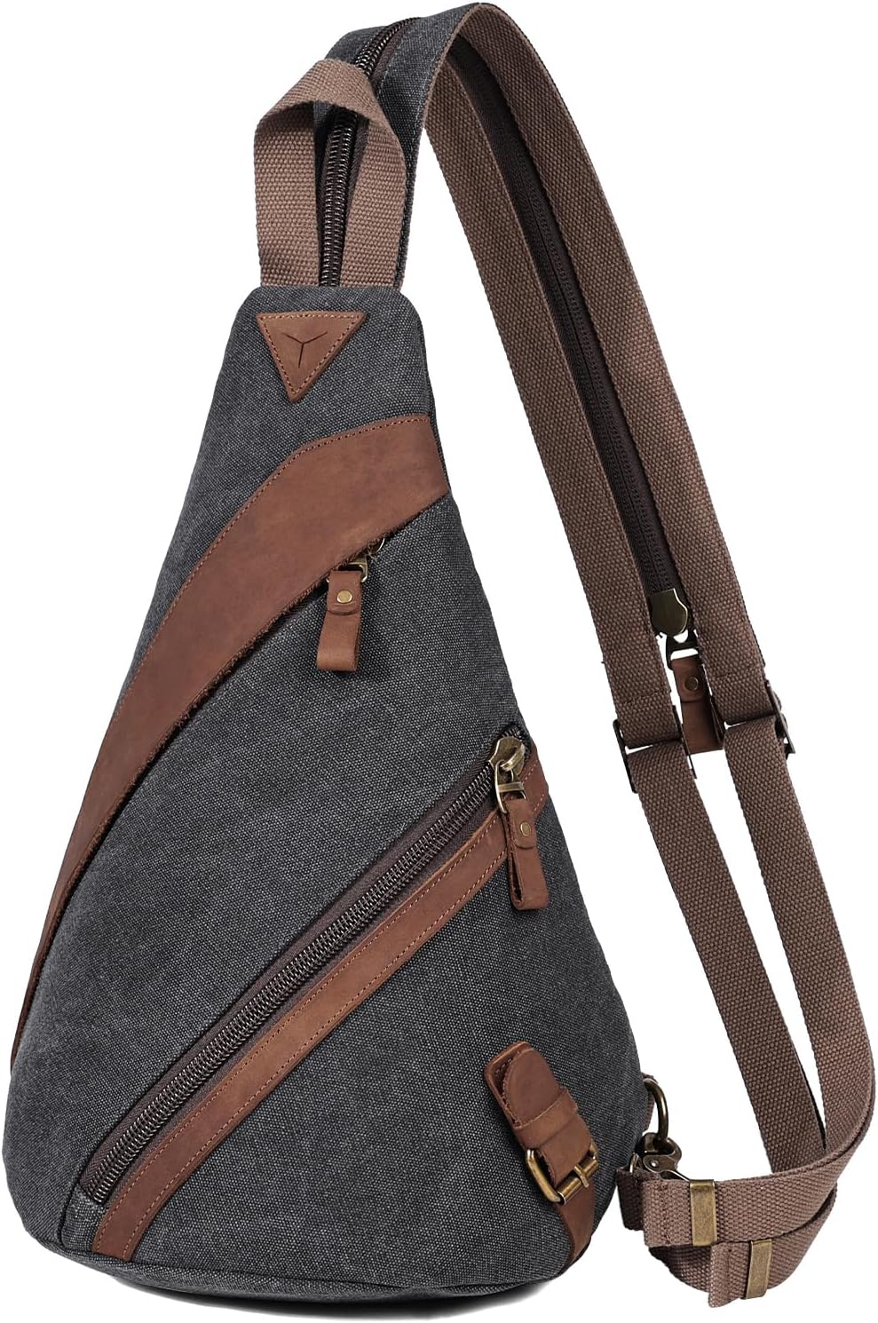 KL928 Canvas Sling Bag for Men Women, Genuine Leather Design Shoulder Crossbody Bags Backpacks Travel Daypack with Earphone Hole Rucksack, Black