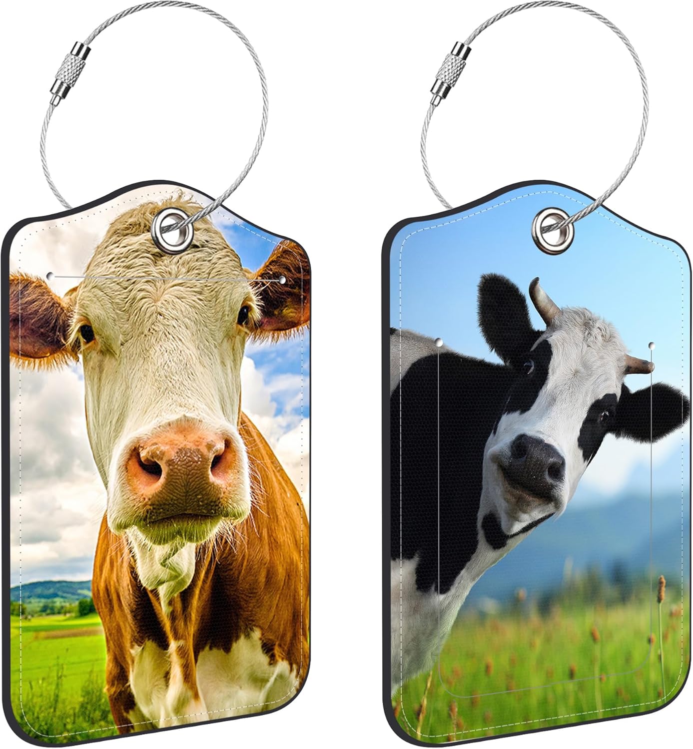 2 Pack Funny Cow Luggage Tags PU Leather Suitcase Tags with Stainless Steel Loop Privacy Cover ID Label for Women Men Travel Bag Accessories