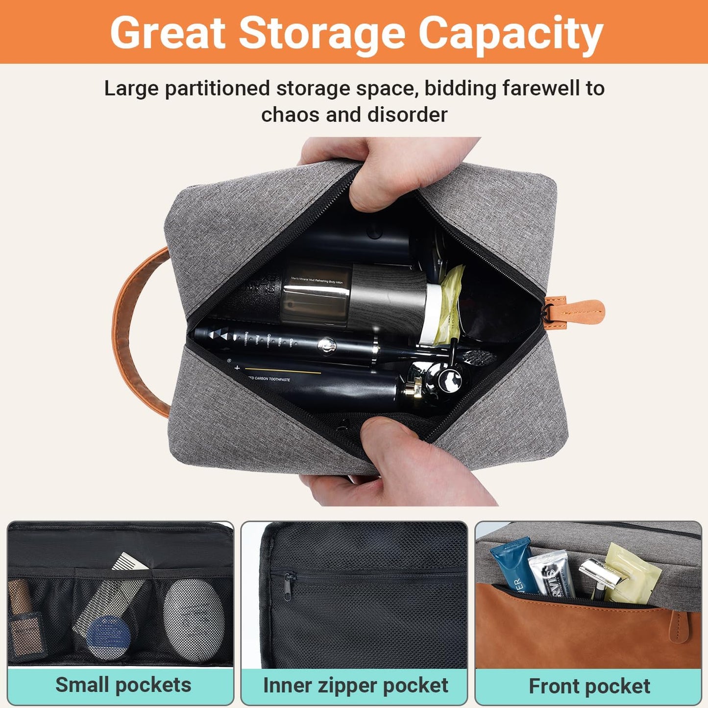 Elviros Travel Toiletry Bag for Men, Hanging Toiletries Bag Water Repellent Dopp Kit PU Leather Travel Bag for Toiletries Accessories, Grey
