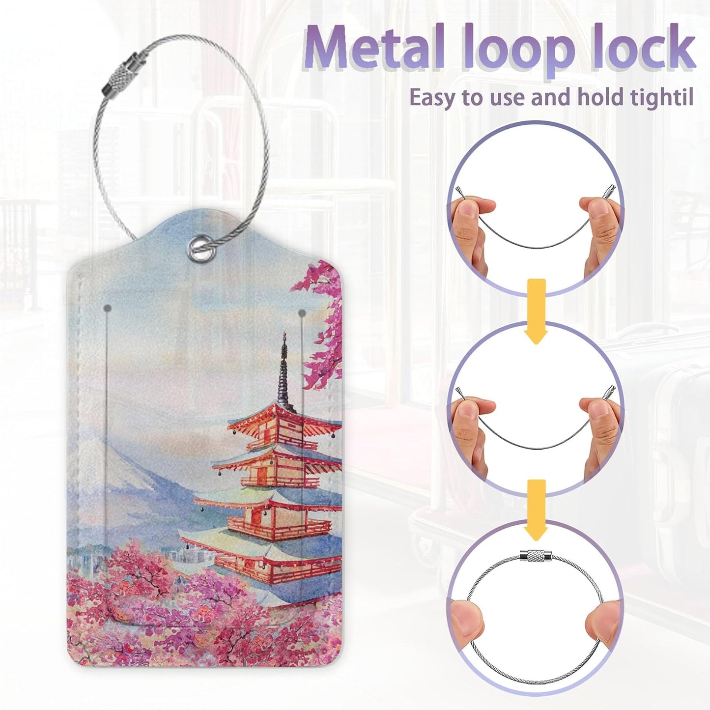 Cherry Blossom Luggage Tag for Suitcase,Mount Fuji Luggage Tag with Privacy Flap & Name ID Label & Metal Loop,Travel Suitcase Tags for Women 2Pcs