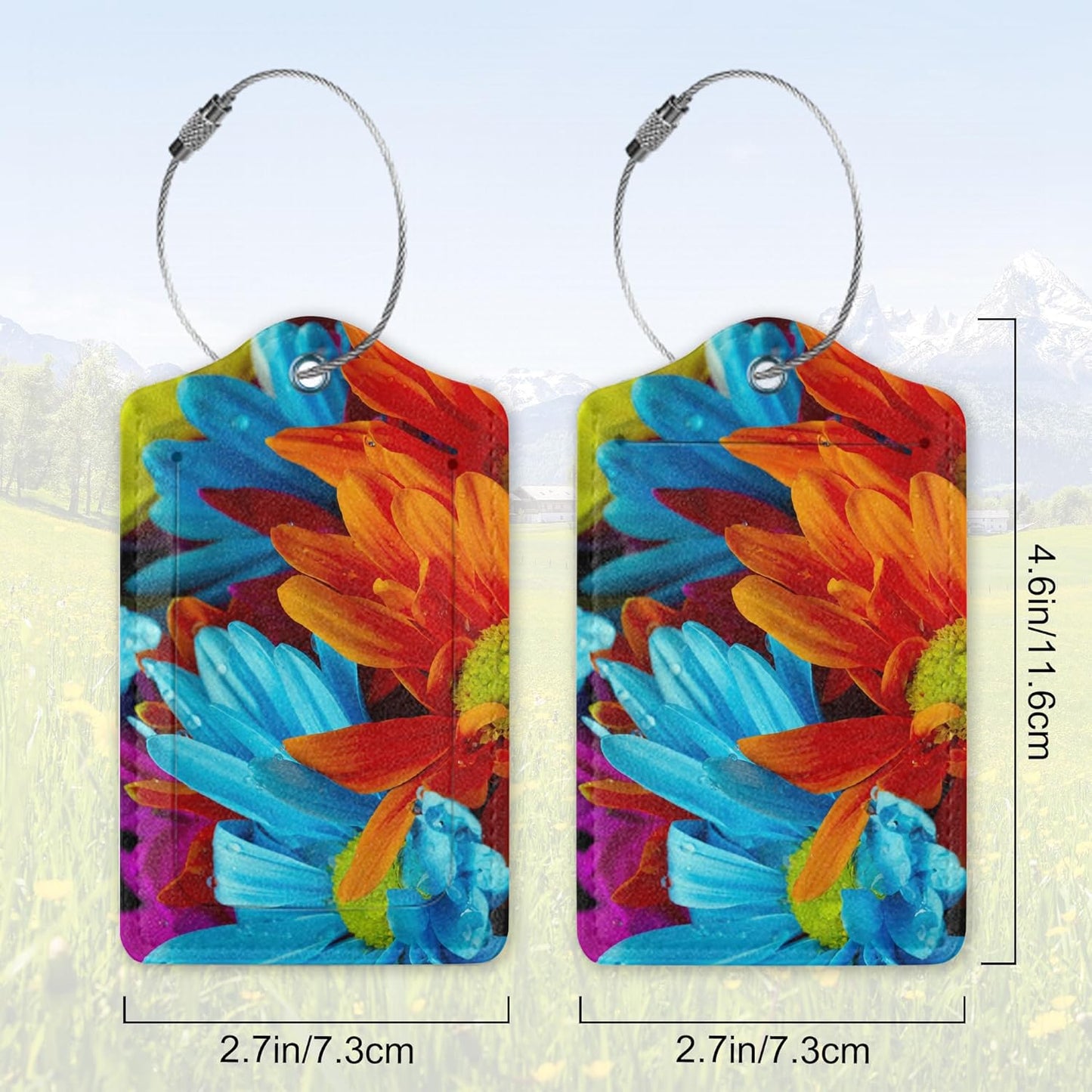 2 Pack Leather Luggage Tag for Suitcase Colorful Daisy Flowers Unique Travel Tags with Privacy Cover ID Label & Stainless Steel Loop for Men and Women Baggage