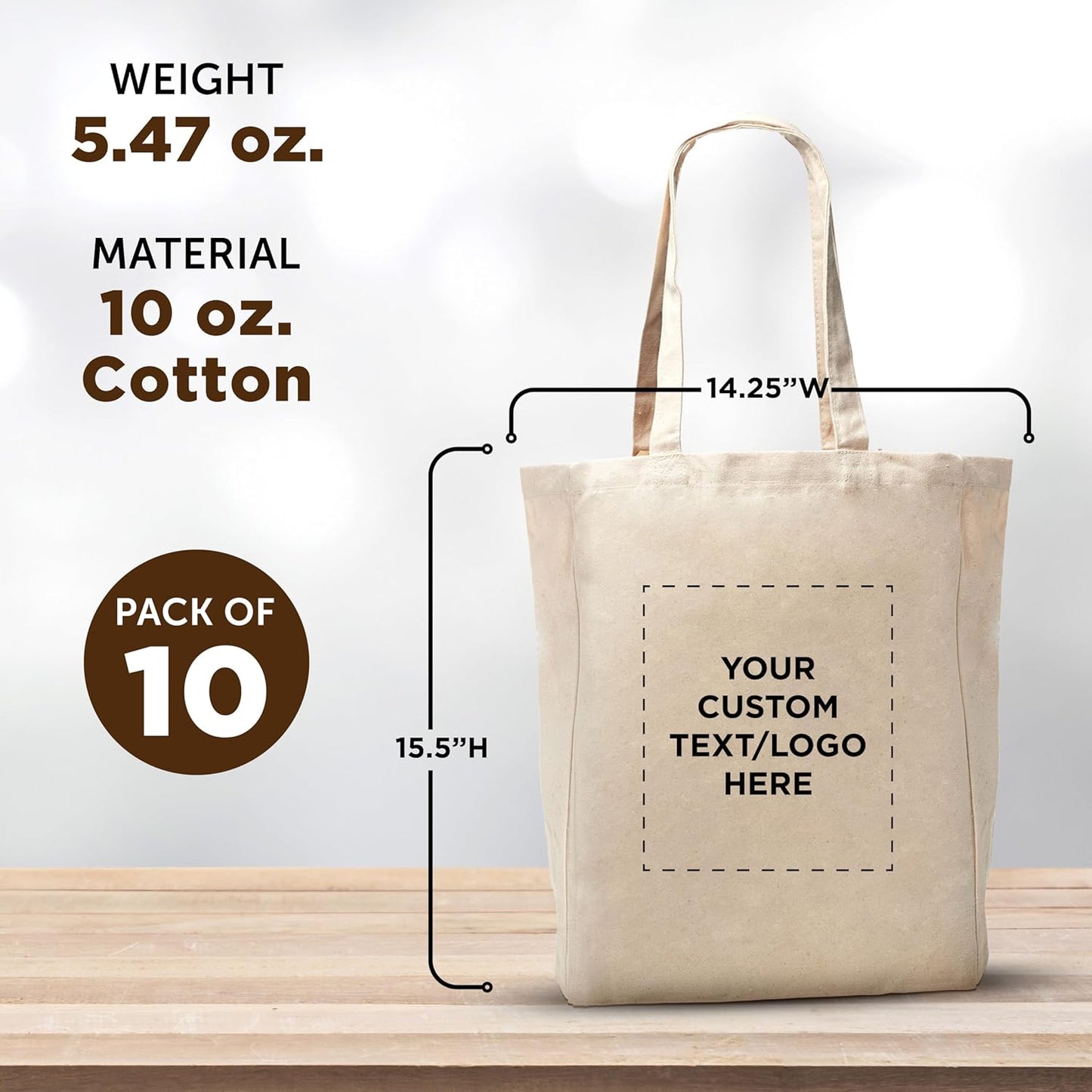 DISCOUNT PROMOS Custom Cotton Canvas Tote Bags (Set of 10) - Personalized, Reusable & Eco-Friendly - Perfect for Grocery, Promotions, Branding - Natural Color, 14.25"X15.5"X5", 10 OZ Cotton