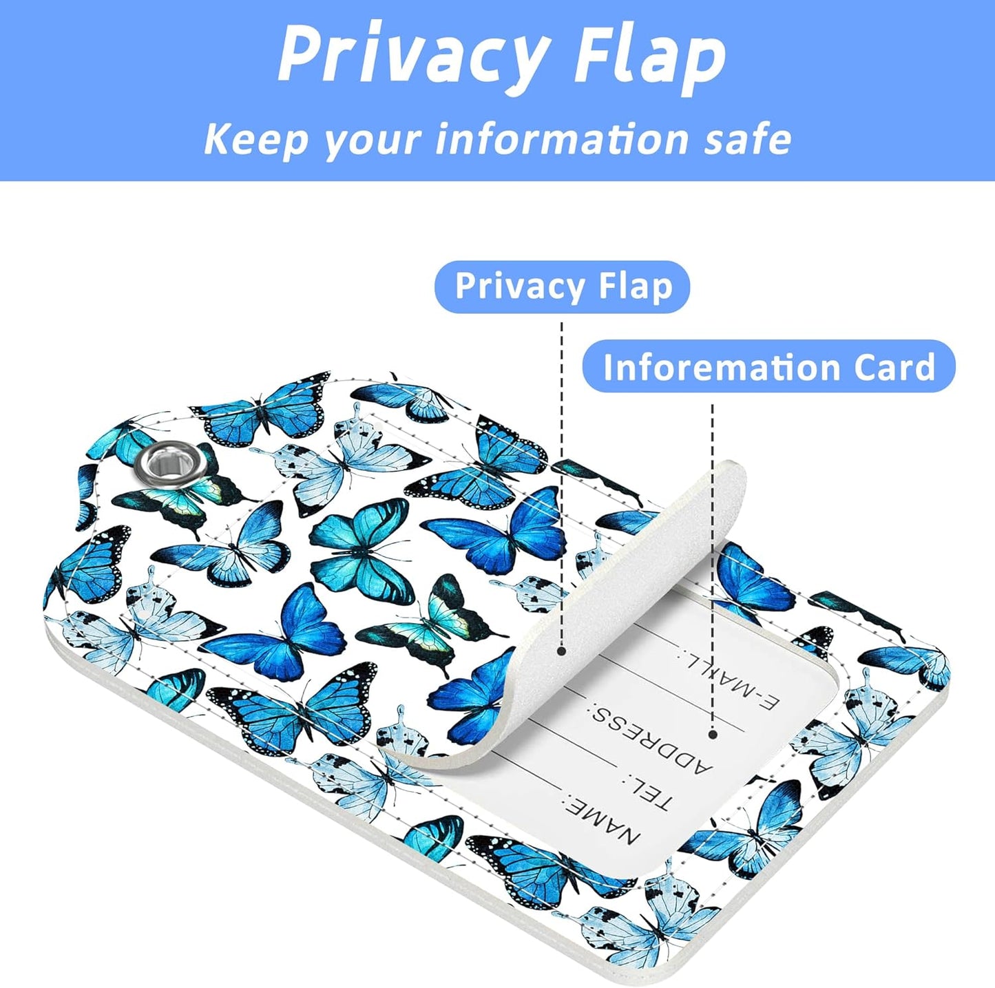 Luggage Tags for Suitcase Blue Butterfly 2 PCS Leather Travel Cruise Luggage Tag with Stainless Steel Loop Name ID Label Privacy Cover for Women Men Travel Bag Labels Set