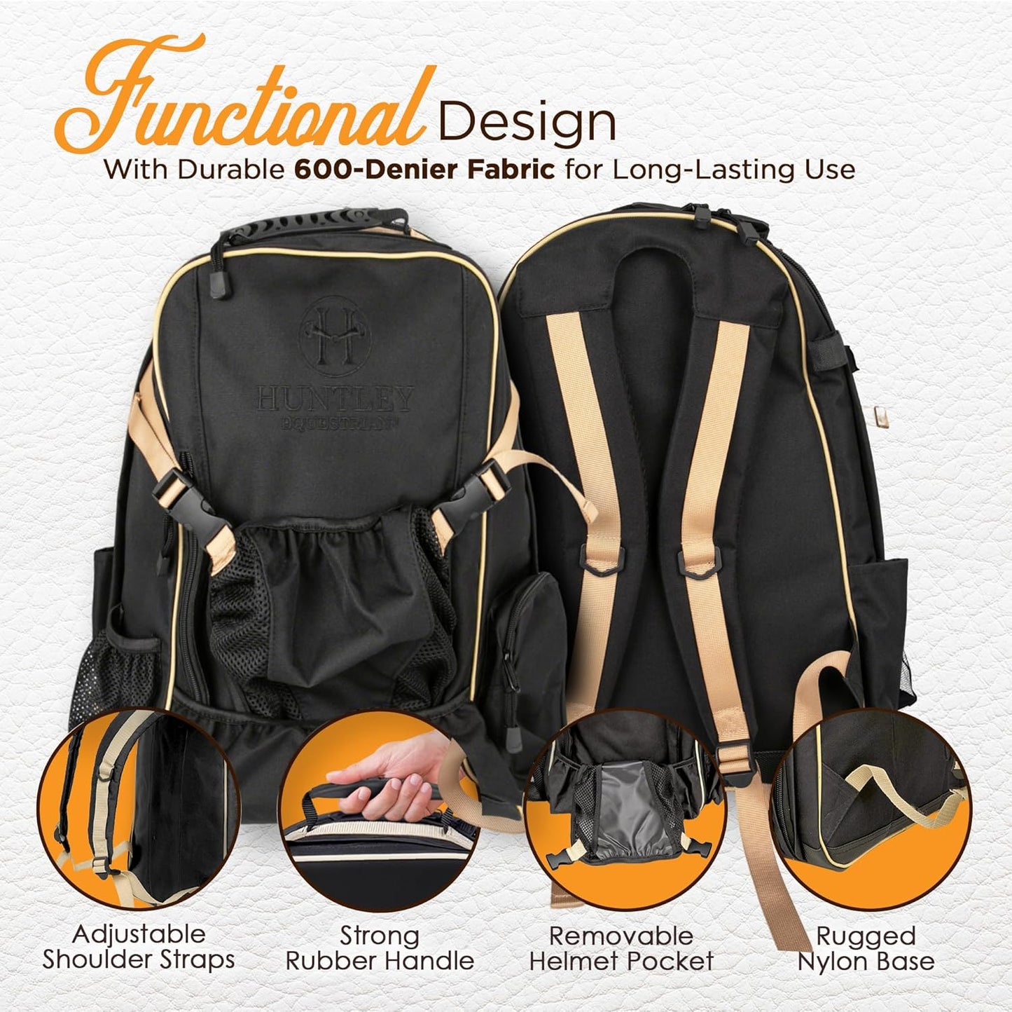 Huntley Equestrian Deluxe Heavy Duty Nylon Exterior Storage Fabric Backpack Adjustable Shoulder Straps