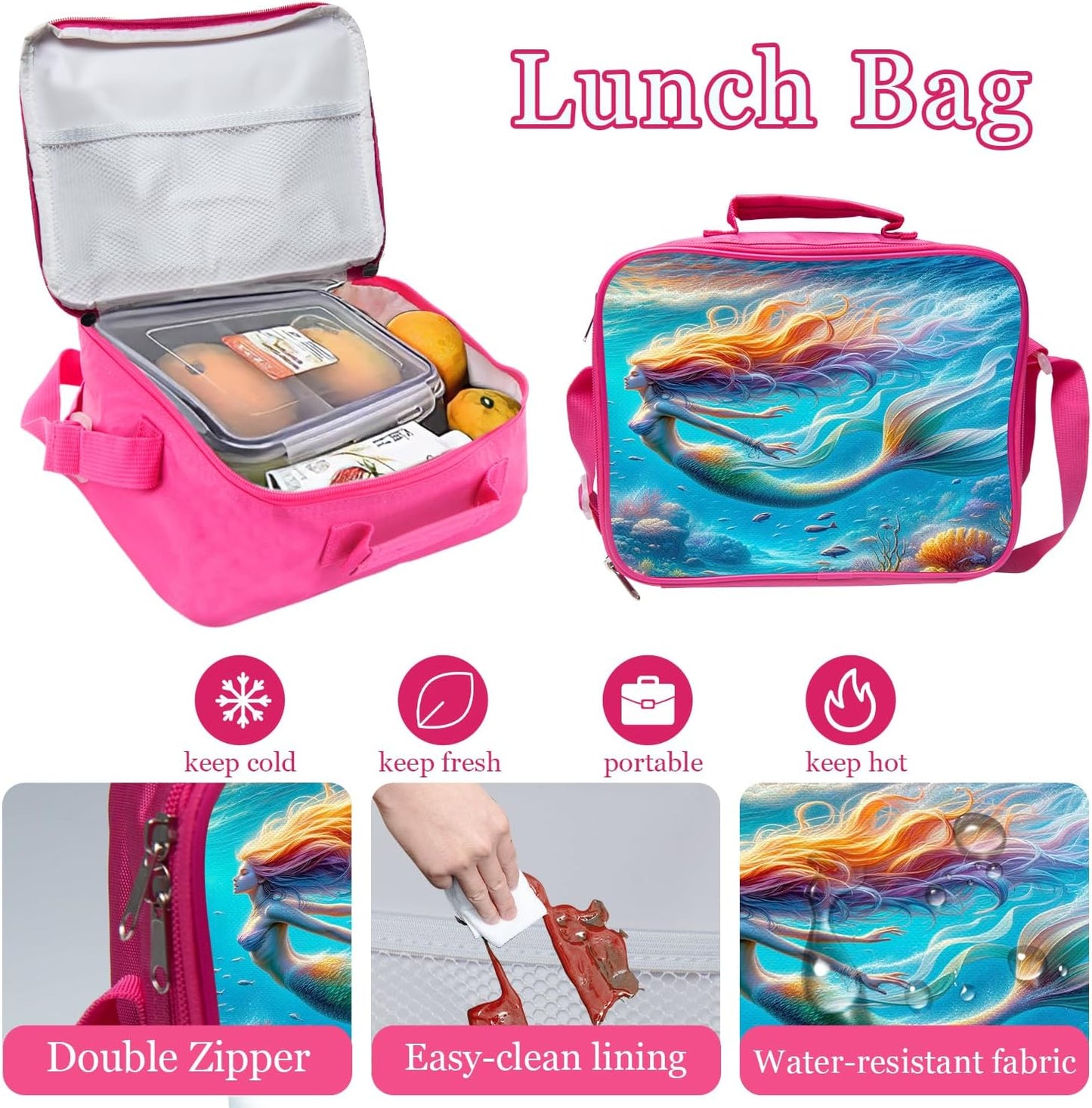Mermaid Backpack School Bag 3PCS Backpack 16 Inch with Lunch Bag Set Lightweight for Teen Boys Girls Kids Elementary Middle School