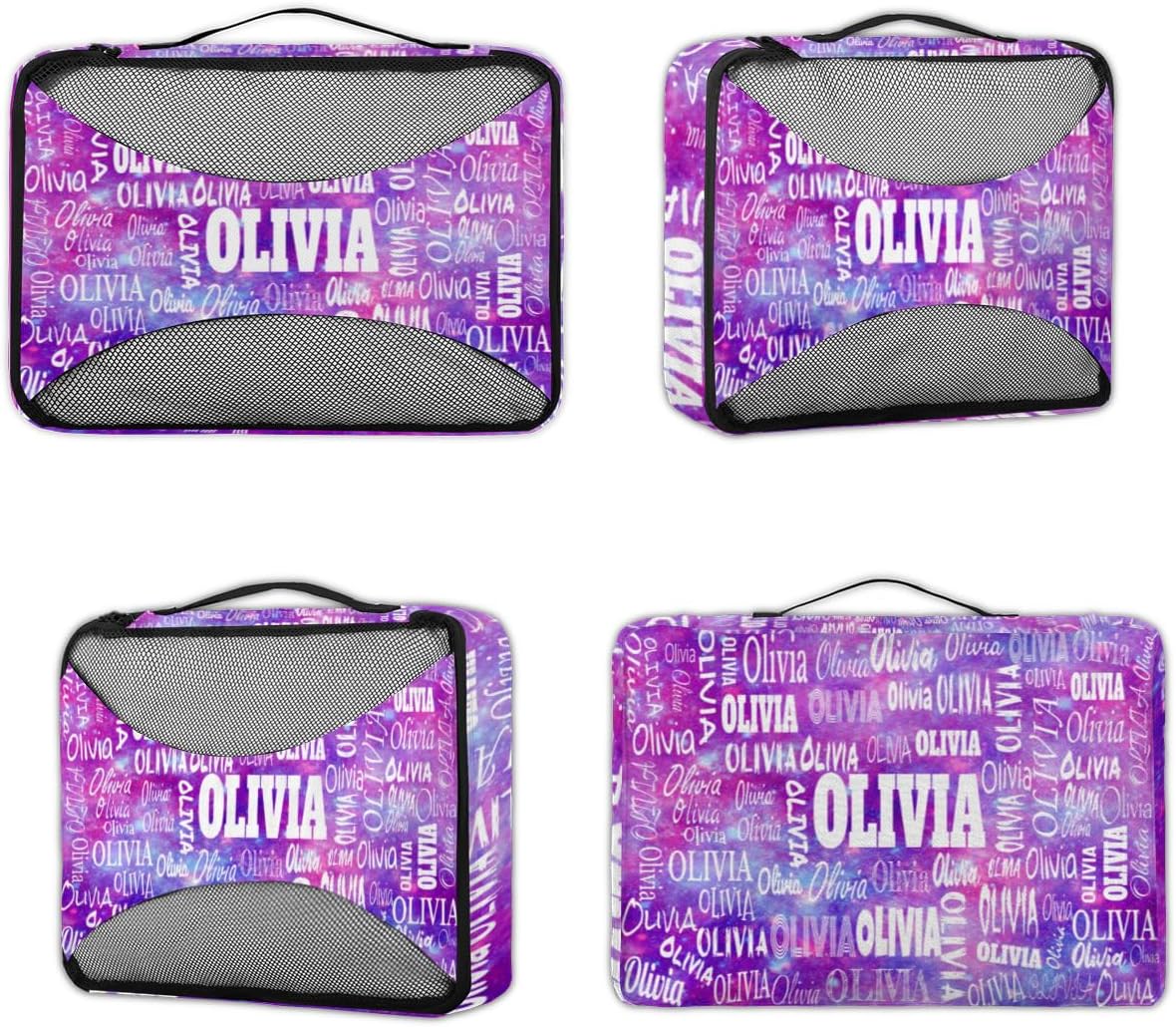 Personalized Packing Cubes, Set of 4 with Zipper Handles, Custom Name Travel Suitcases Luggage Packing Organizers, Watercolor Purple Galaxy Background