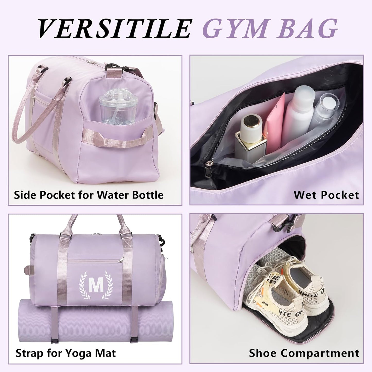 Gym Bag for Women, Personalized Duffle Bag with Shoe Compartment, Sports Bag for Yoga & Dance with Wet Pocket and Mat Strap.