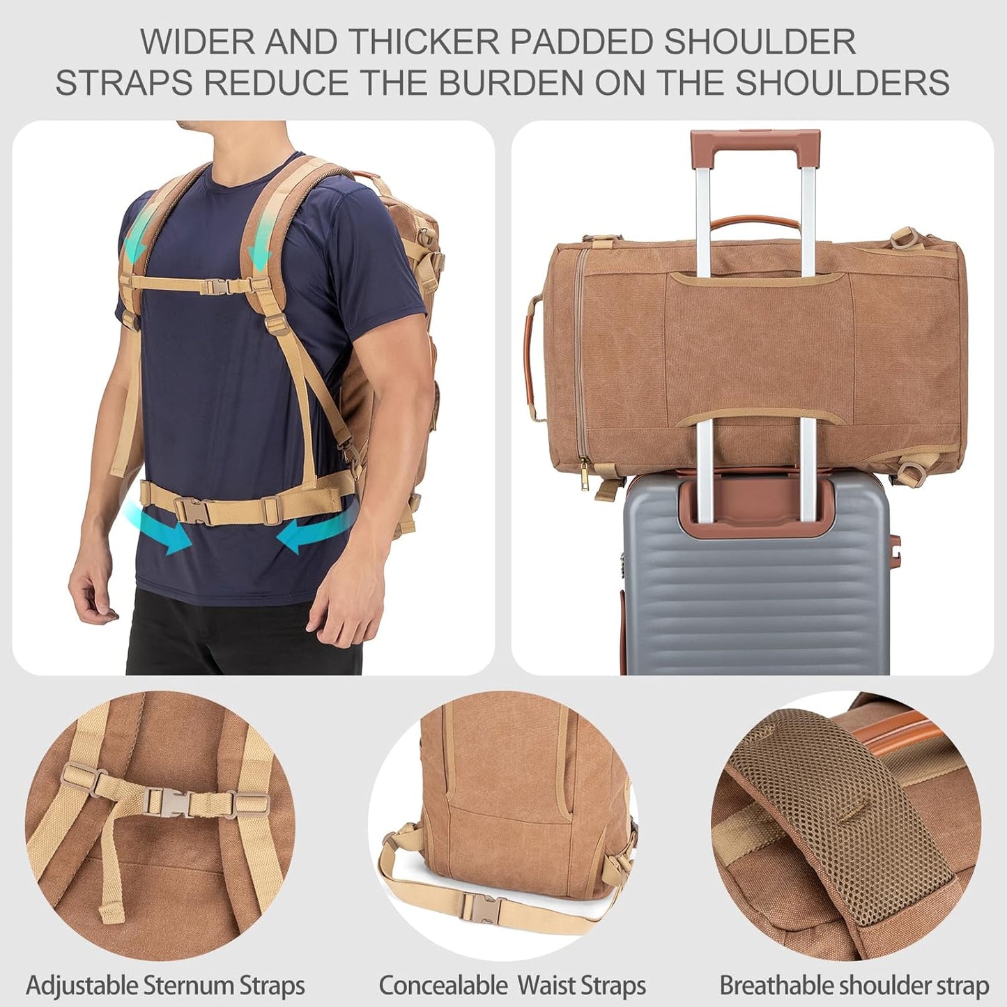 Tzowla Canvas Travel Backpack Carry on Flight Approved,Large Vintage Messenger Bag,3-in-1 Convertible Backpacks Duffel Bag,Personal ltem Laptop Rucksack for Men and Women Fit 17 Inch Laptop(Brown)