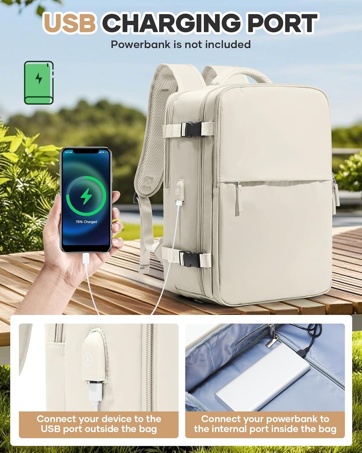 Vacuum Seal Travel Backpack with Air Pump,Compression Vacpack Waterproof Carry On Backpack for Travel Women Men with Vacuum System,Airlines Approved Daypack Laptop Space Saver Bags,Beige