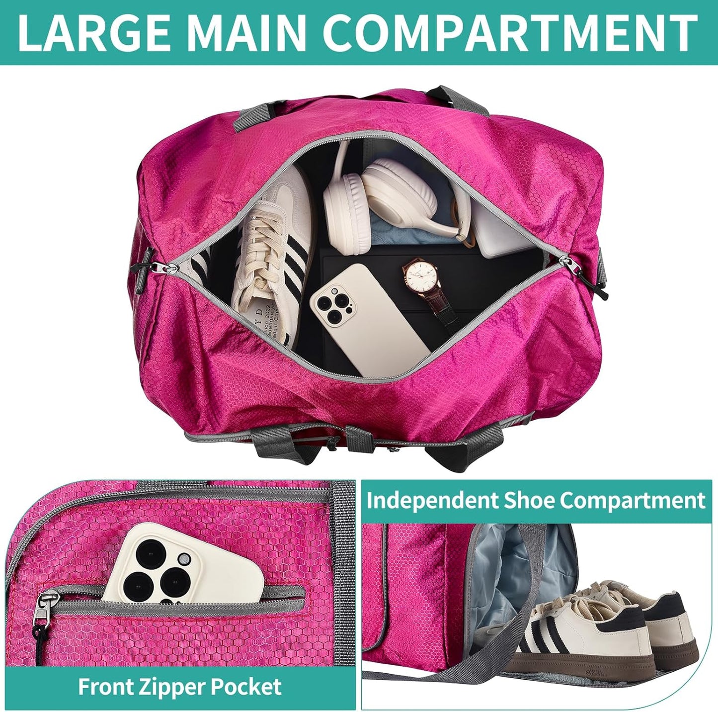 Dimayar Travel Duffle Bag for Men Women - Foldable Duffel Bag with Shoes Compartment - Overnight Bags Waterproof & Tear Resistant(115L,Fuchsine)