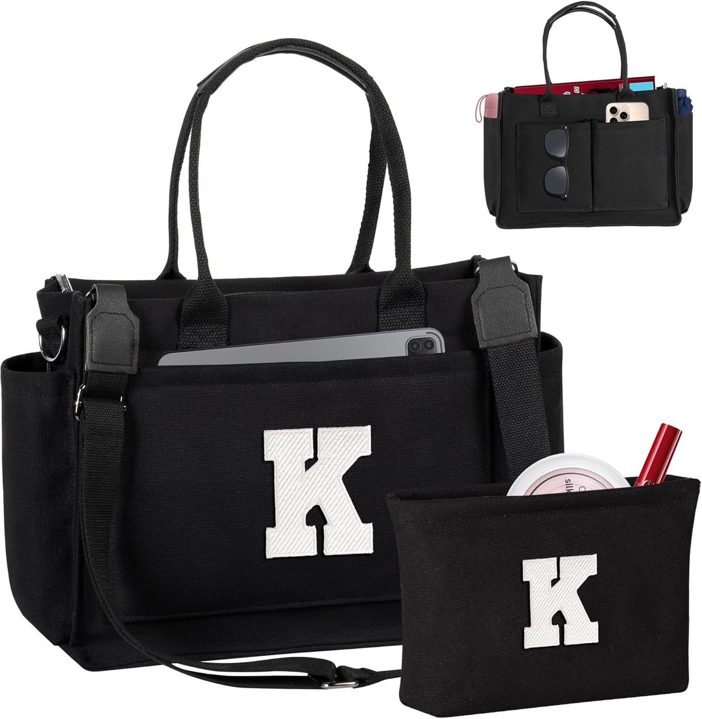 Gifts for Women Teen Girls, Initial Tote Bag with Zipper, Letter Canvas Tote Purse for College Work Laptop Beach