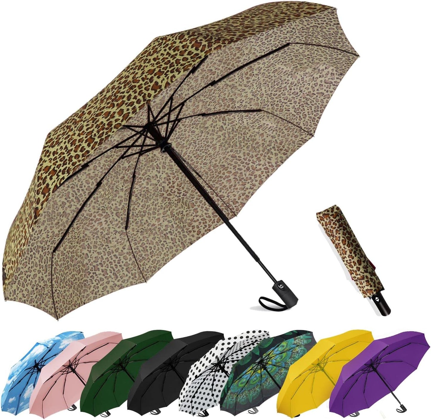 SIEPASA Windproof Travel Compact Umbrella-Automatic Umbrellas for Rain-Compact Folding Umbrella, Travel Umbrella Small Portable Windproof Umbrellas for Men Women Teenage. (New Leopard Print)