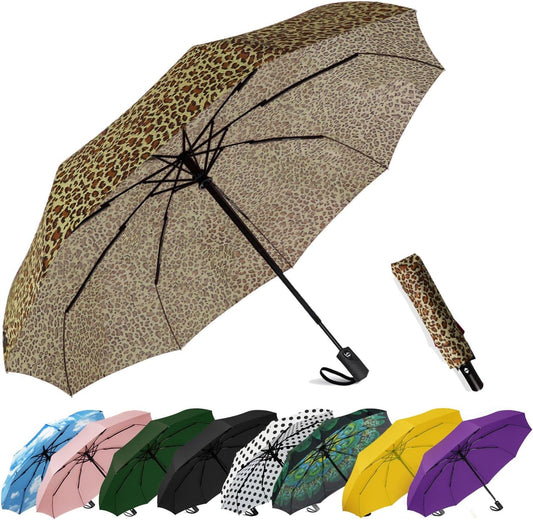 SIEPASA Windproof Travel Compact Umbrella-Automatic Umbrellas for Rain-Compact Folding Umbrella, Travel Umbrella Small Portable Windproof Umbrellas for Men Women Teenage. (New Leopard Print)