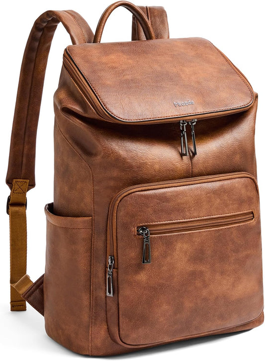 Leather Laptop Backpack for Women, 15.6 Inch Travel Backpack with Laptop Compartment, Casual Daypack Fashion Travel Backpack Purse for Travel College Work, Brown