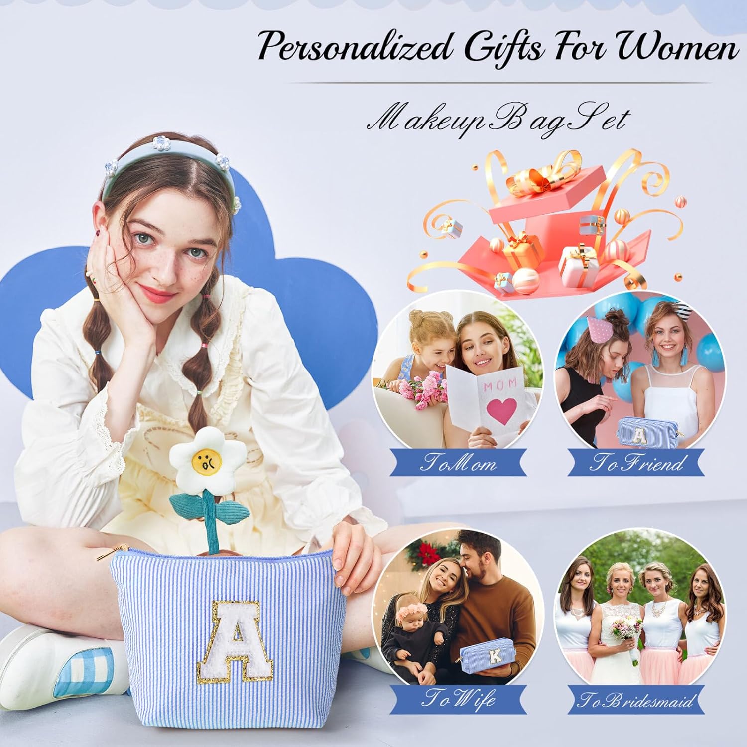 YOOLIFE Birthday Gifts for 3 4 5 6 7 8 9 10 11 12 13 Year Old Girls | Monogram Makeup Bag | Makeup