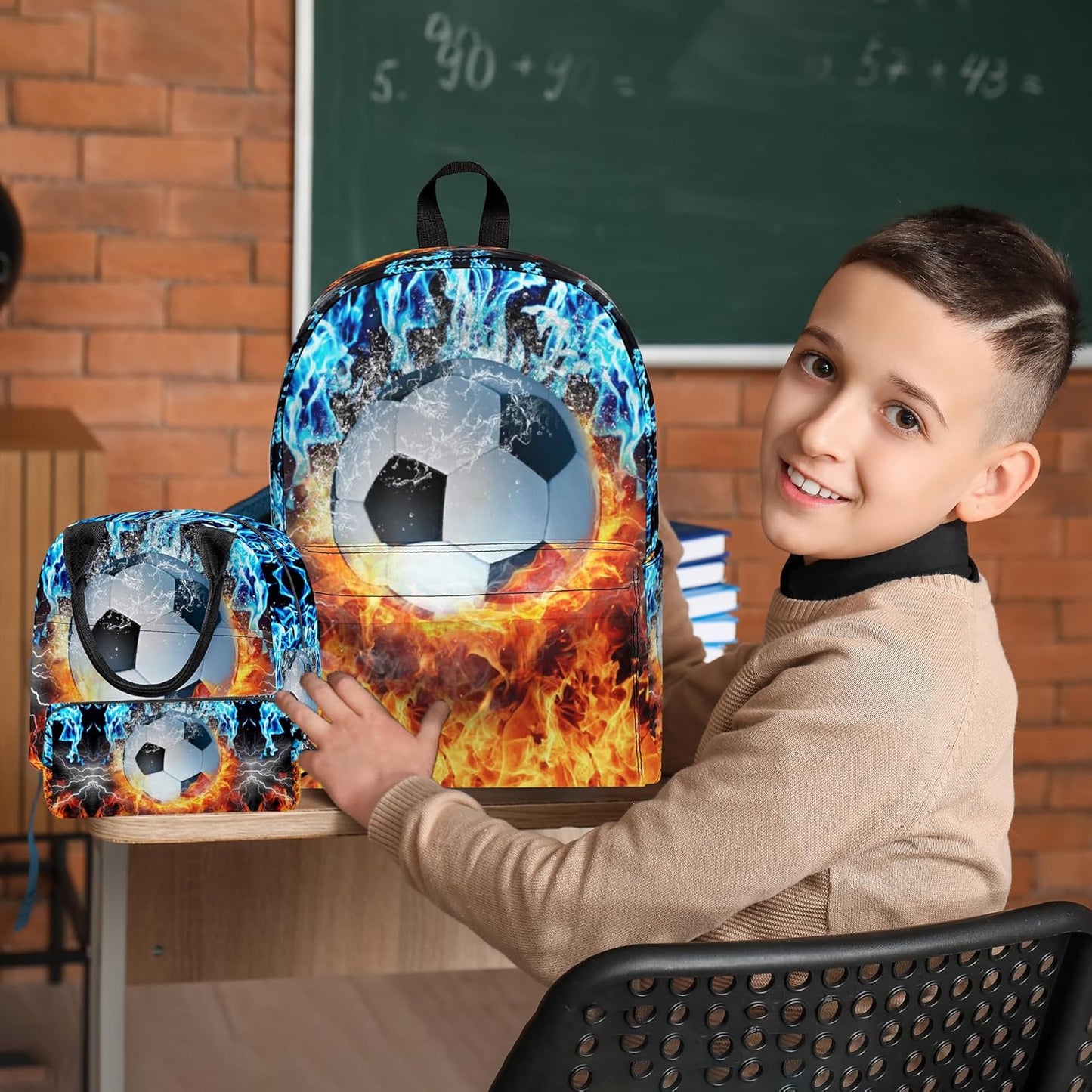 3PCS Soccer Backpack Set for Boys, Large Lightweight 17 Inch Backpack with Lunch Bag & Pencil Case for Kids, Back to School Cool Sports Bookbag for Elementary Middle School - Fire