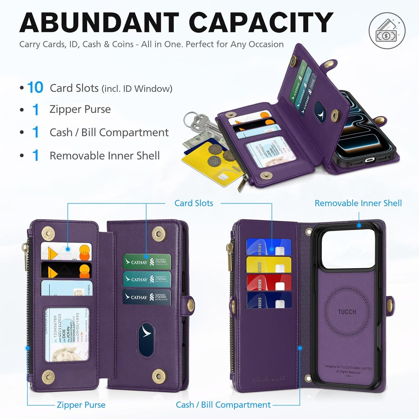 TUCCH Removable Crossbody Wallet Case for iPhone 17 Pro Max, RFID Blocking 10 Card Holders, Lanyard, Wrist Strap, Wireless Charging, Stand, Zipper Pocket, PU Leather, Magnetic Flip Cover, Deep Purple