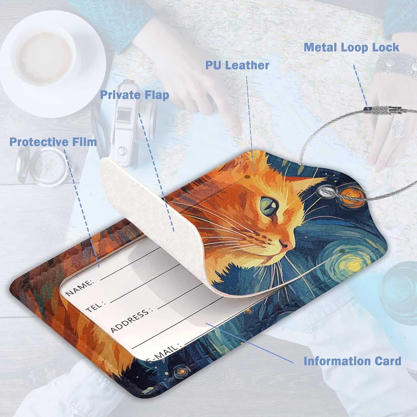 Luggage Tags for Suitcase,2 Pack Cat Starry Night Moon Luggage Tag with Privacy Flap,Name ID Label and Metal Loop for Women Men Teens Travel