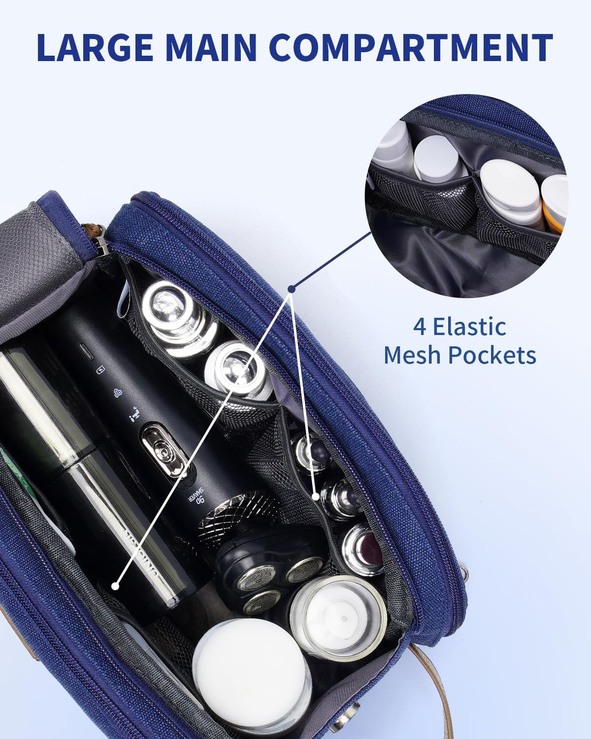 WANDF Toiletry Bag for Men Travel Toiletry Organizer Canvas and Leather Dopp Kit Water-Resistant Shaving Bag for Travel Accessories (Blue, Medium)