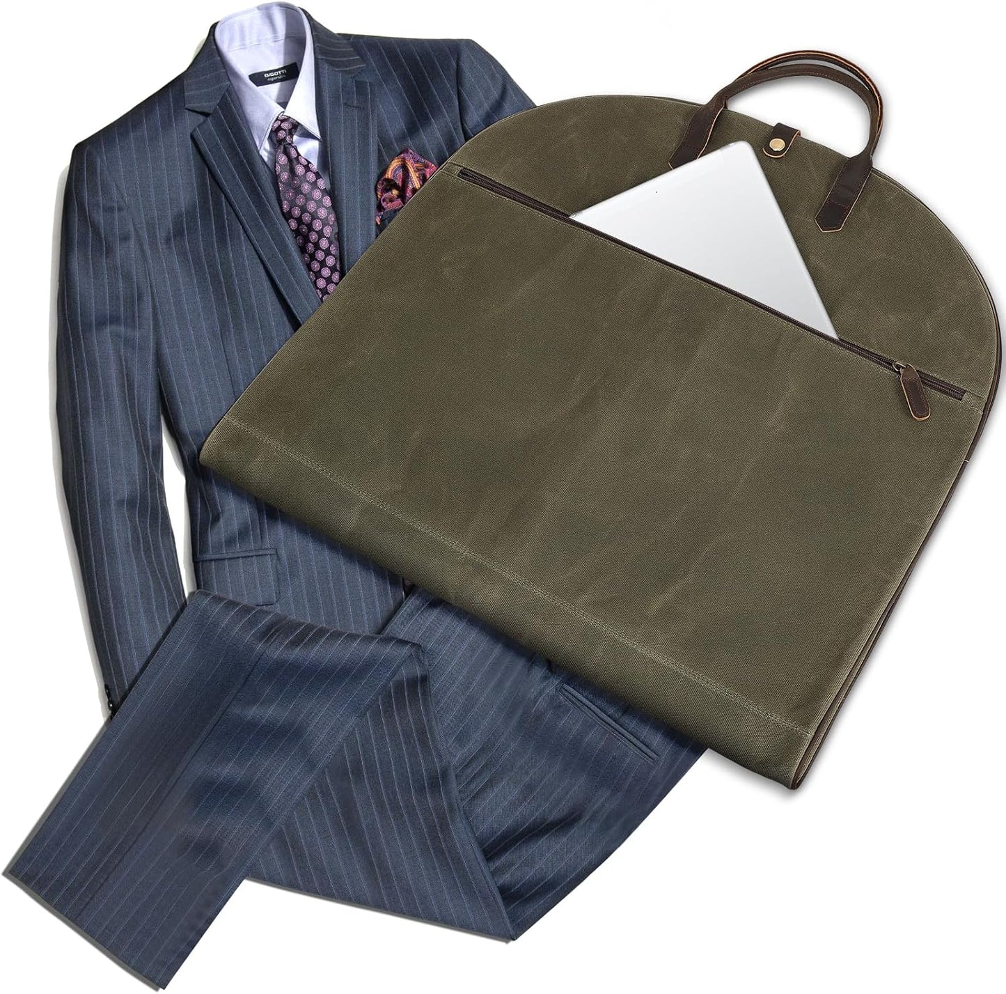 Polare 43” Waxed Canvas Full Grain Leather Trim Carry On Garment Bag for Travel, Waterproof Dust-Proof Foldable Hanging Suitcase Weekender Garment Cover with YKK Zipper (Army Green)